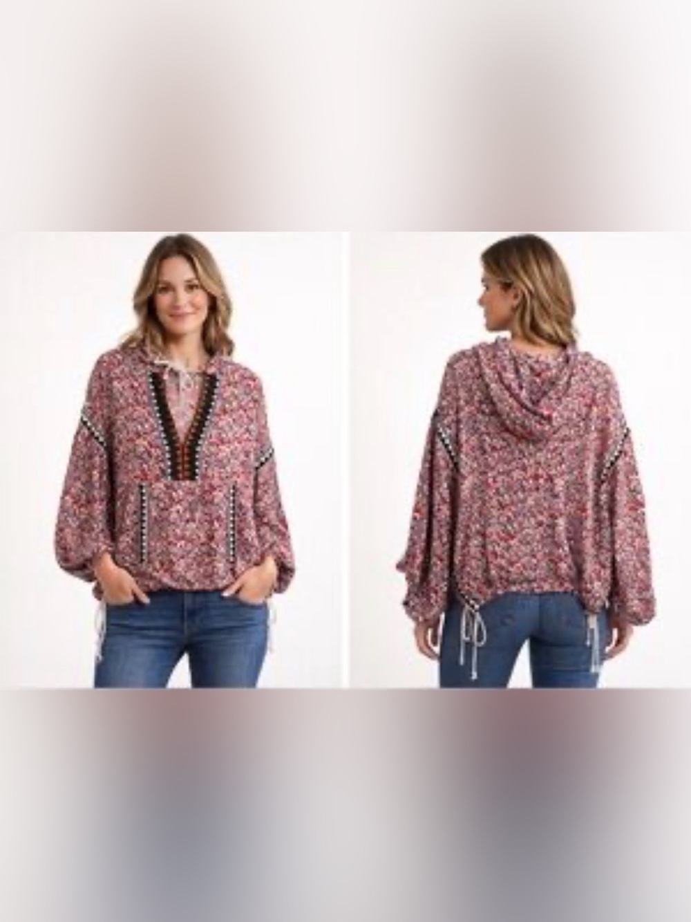 Free People Pink Floral Hooded Peasant Blouse